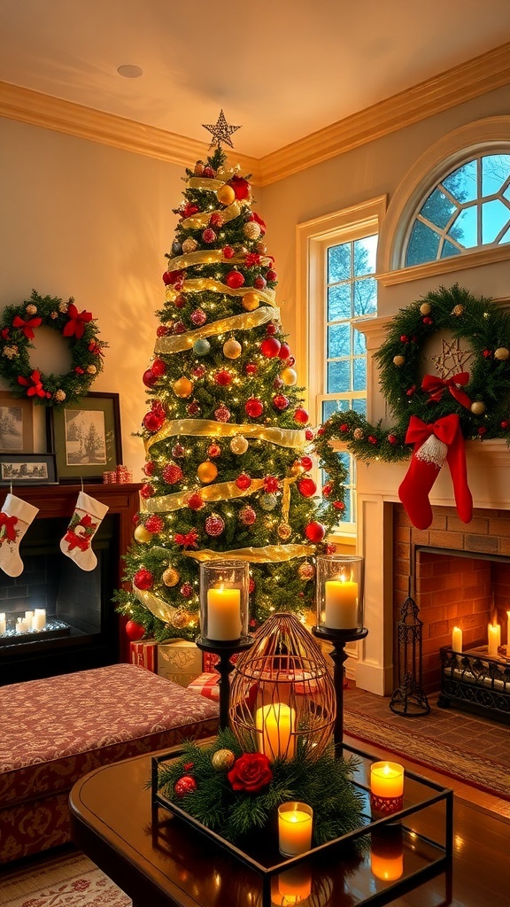 A cozy Christmas living room with a decorated tree, fireplace, and festive decor.